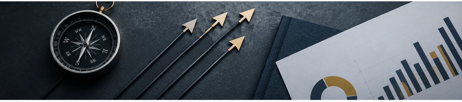 Compass, growth arrows, and financial charts representing the process of choosing the right fractional CFO.