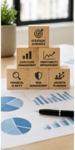 Wooden blocks illustrating strategic financial leadership, cash flow management, profitability improvement, growth planning, and financial clarity.