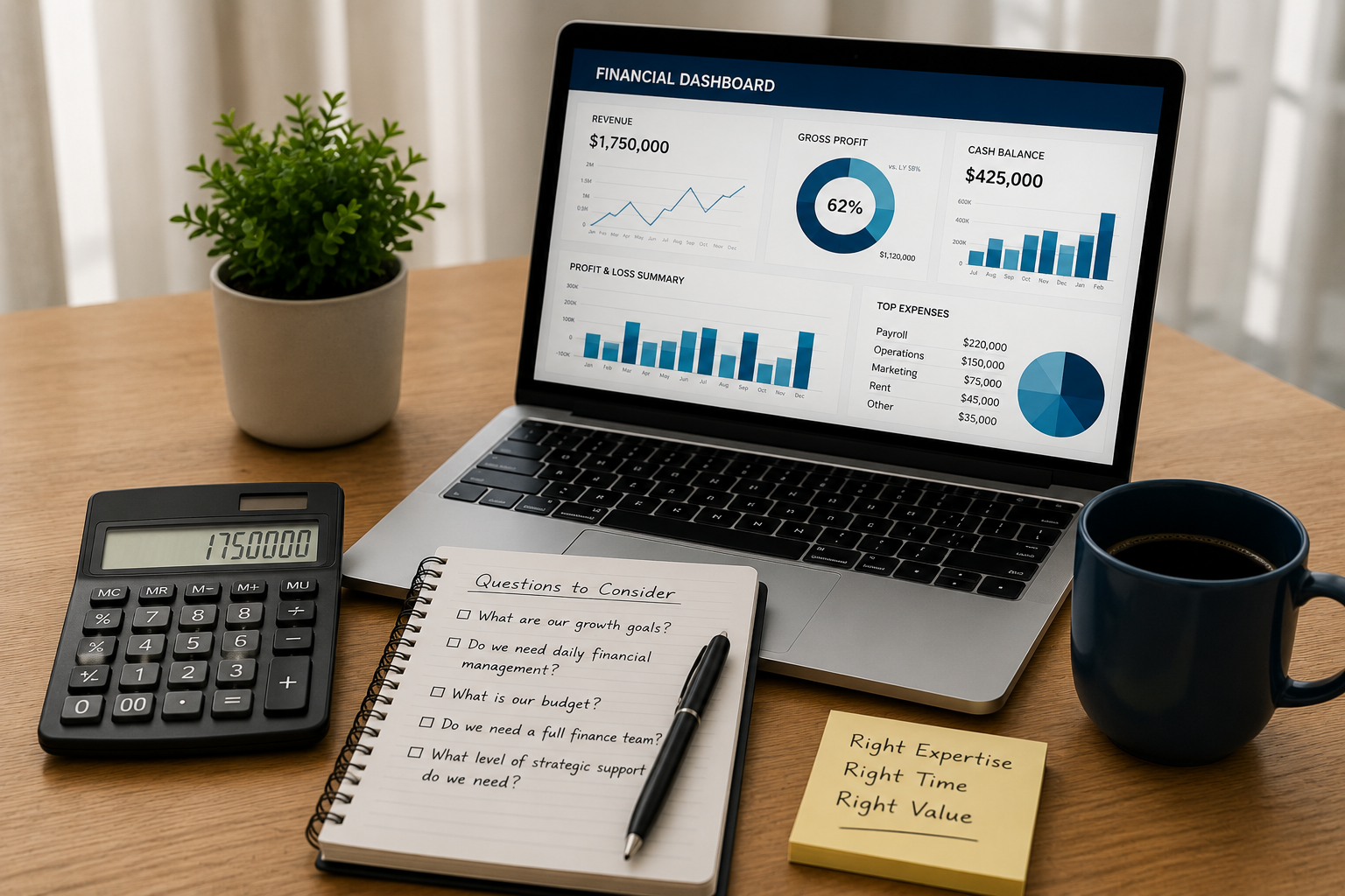 Financial dashboard, calculator, and planning notes illustrating the decision between hiring a fractional CFO and a full-time CFO.