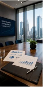 Modern executive boardroom with financial reports and a presentation screen representing the evaluation of a fractional CFO.