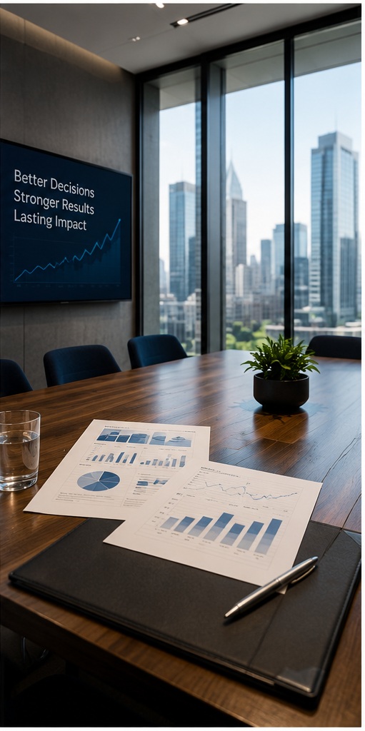 Modern executive boardroom with financial reports and a presentation screen representing the evaluation of a fractional CFO.