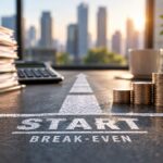 Break-even point represented by rising revenue and profit in a growing business
