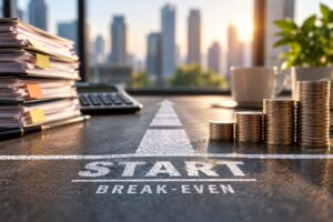 Break-even point represented by rising revenue and profit in a growing business