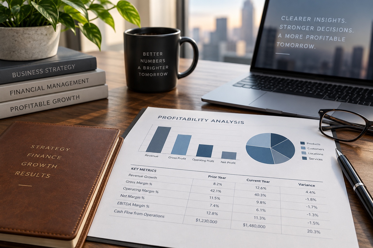 Business profitability analysis showing revenue, gross profit, operating profit and financial performance