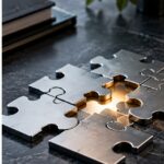 Silver metallic puzzle pieces surrounding a glowing missing piece, symbolizing unexplained business profit shortfalls.