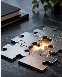 Silver metallic puzzle pieces surrounding a glowing missing piece, symbolizing unexplained business profit shortfalls.